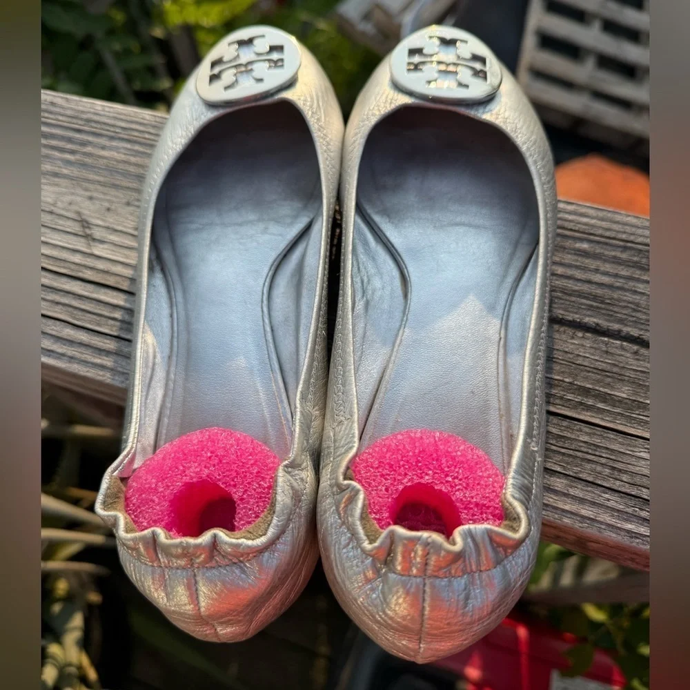Tory Burch Minnie Travel Ballet Shoes In Pewter/Silver Leather‎ Sz 8.5